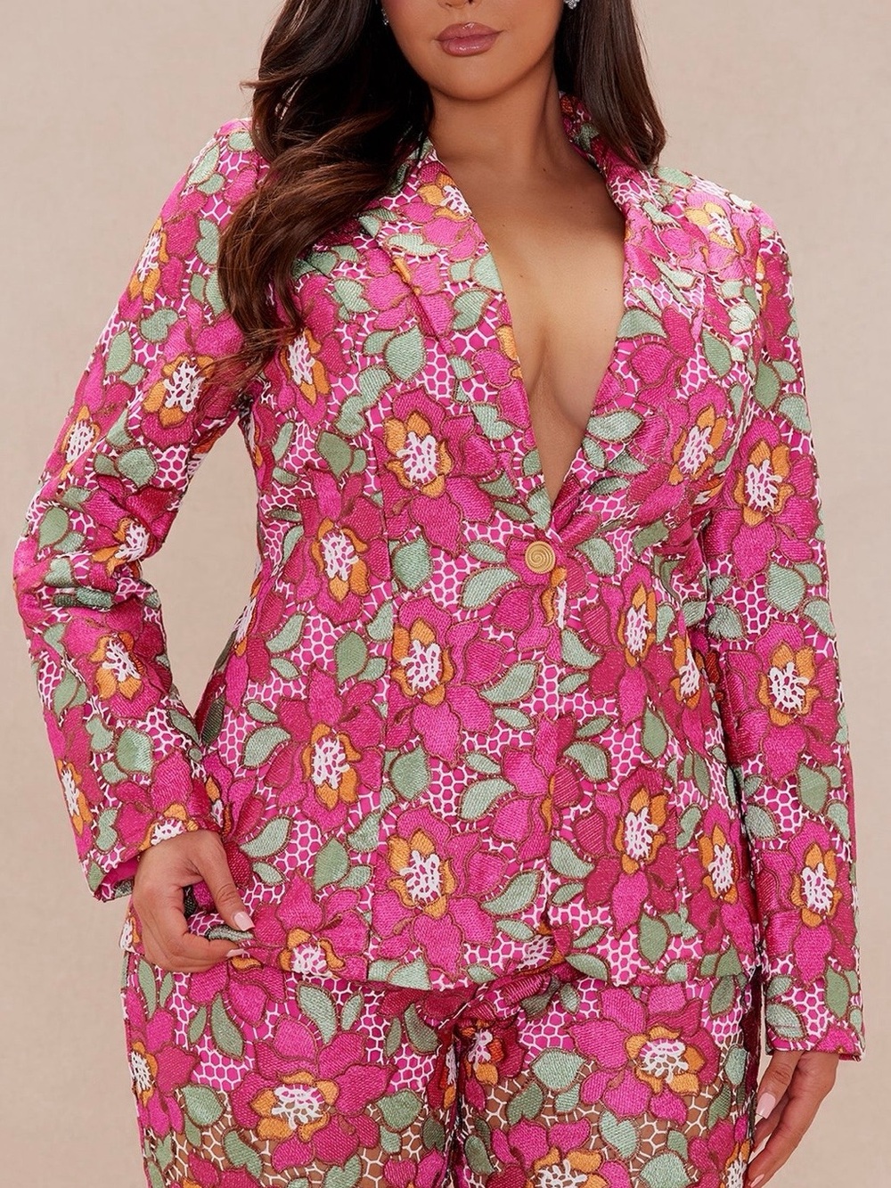 Pink Floral Jacquard Pant Set.